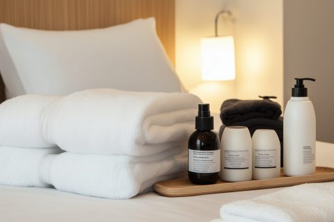 A relaxing hotel environment featuring fluffy white towels stacked neatly beside a variety of luxurious toiletries arranged on a wooden tray, creating a tranquil atmosphere.